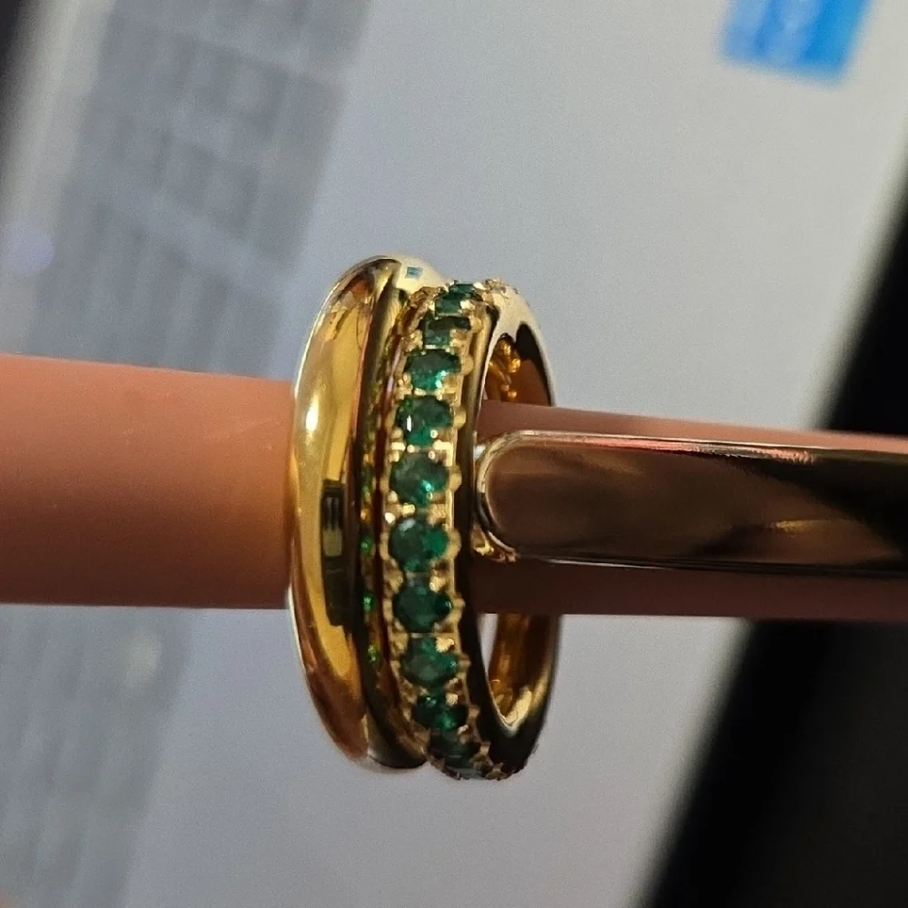 Trendy 18K Gold Plated Stainless Steel and Green Stone Linked Ring - Picture 2 of 4